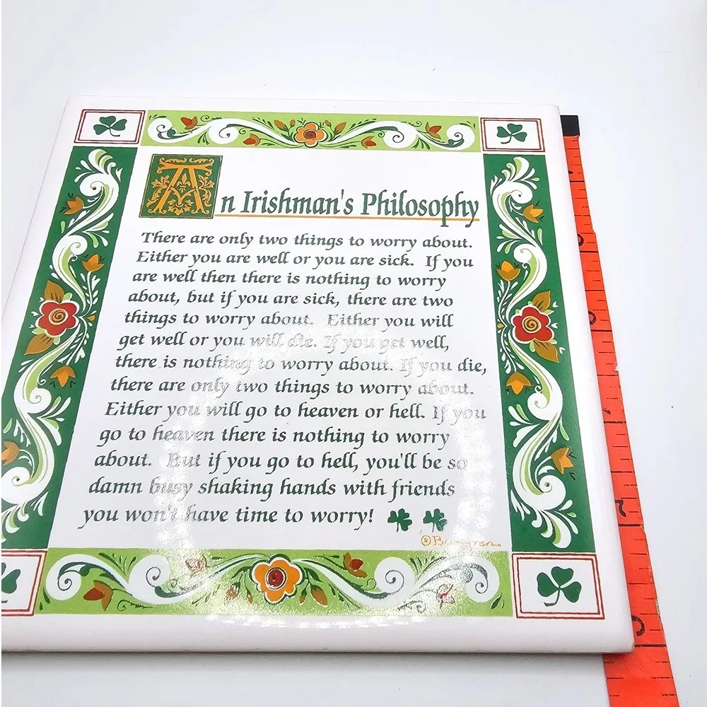 Vintage Berggren An Irishmans Philosophy Ceramic Tile Wall Hanging Decor 6x6
